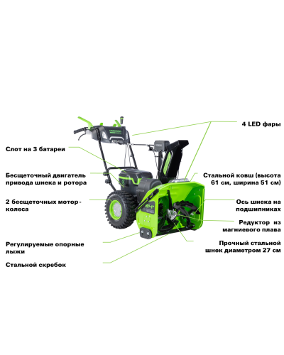 Купить аккумуляторный самоходный снегоуборщик GREENWORKS (Гринворкс) GD82ST56 82V 61см (2602807U3C) c 3-мя аккумуляторами 8 Ah и двойным зарядным устройством