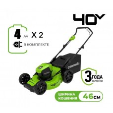 Несамоходная аккумуляторная газонокосилка GREENWORKS (Гринворкс) GD40LM46HP (2514407UH) с двумя АКБ 4 Ah и ЗУ