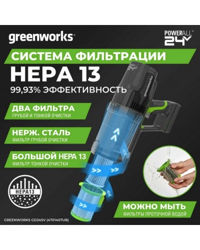 Купить аккумуляторный вертикальный пылесос GREENWORKS (Гринворкс) GD24SV (4701407UB). В комплекте АКБ 4А/ч + ЗУ (ВНИМАНИЕ! сразу 4 насадки в комплекте)