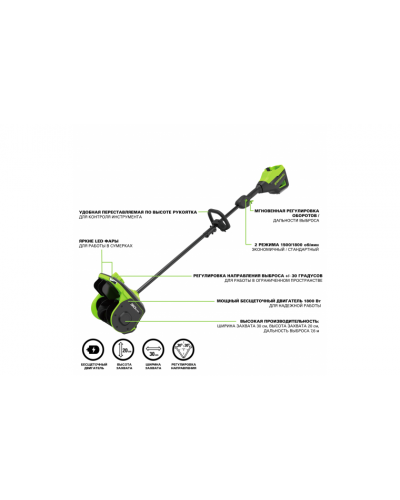 Аккумуляторный снегоуборщик GREENWORKS (Гринворкс) GD60SS2 60V 30 см (2603207) с регулируемым направлением выброса с АКБ 4 А/ч и ЗУ Аккумуляторный снегоуборщик GREENWORKS (Гринворкс) GD60SS2 60V 30 см (2603207) с регулируемым направлением выброса с АКБ 4 А/ч и ЗУ