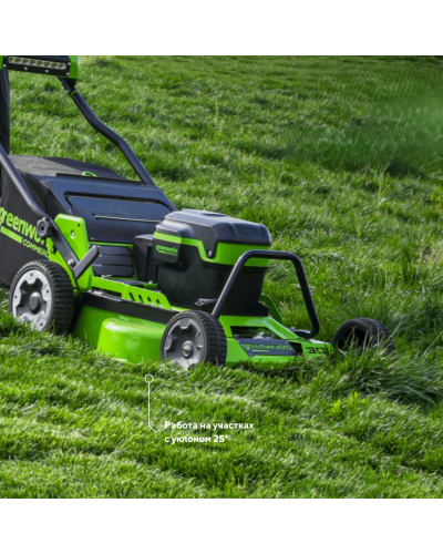 Купить профессиональную аккумуляторную газонокосилка GREENWORKS (Гринворкс) 82LM30S 82V серия OPTIMUS. В комплекте 3-х АКБ 8Ач и ЗУ для 2-х аккумуляторов (2519207U3G)
