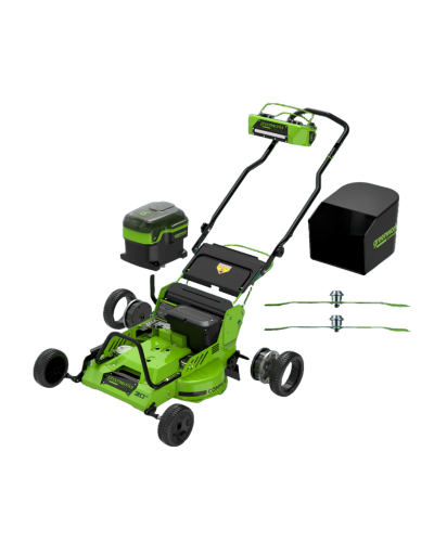 Купить профессиональную аккумуляторную газонокосилка GREENWORKS (Гринворкс) 82LM30S 82V серия OPTIMUS. В комплекте 3-х АКБ 8Ач и ЗУ для 2-х аккумуляторов (2519207U3G)