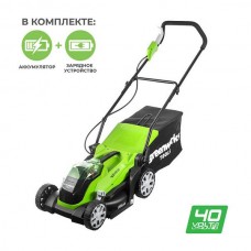 Купить аккумуляторную несамоходную газонокосилку GREENWORKS (Гринворкс) G40LM35K4. Ширина 35 см. В комплекте  АКБ 4 Ah и ЗУ (2501907UB)